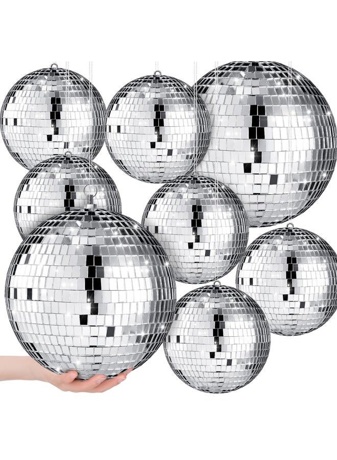 Haull 8 Pcs Large Disco Ball Set Silver Mirror Disco Balls Reflective Ball with Hanging Ring Party Hanging Ornament Decoration for Stage Club Ballroom Dance Wedding Prom Props (8'', 6'') - Image 1