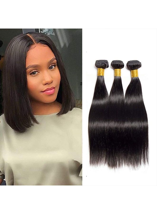 Rebasar Straight Human Hair Bundles Weave 8 8 8 Inch 100% Unprocessed Brazilian Virgin Weave Hair Human Bundles for Women Remy Weft Short Human Hair 3 Bundles Straight Hair Extensions Natural Black Color - Image 1