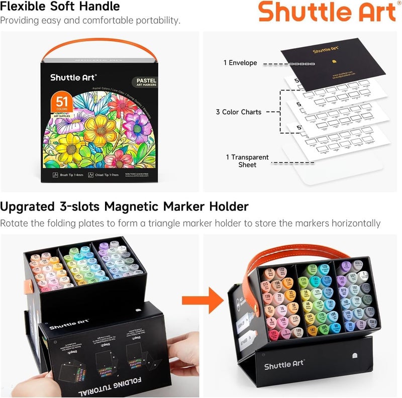 Shuttle Art Pastel Alcohol Markers Brush tip, Dual Tip Brush & Chisel Tip Art Marker Set, 50 Colors plus 1 Blender Marker Pens with Case Perfect for Illustration Students Adults Coloring Sketching - Image 4
