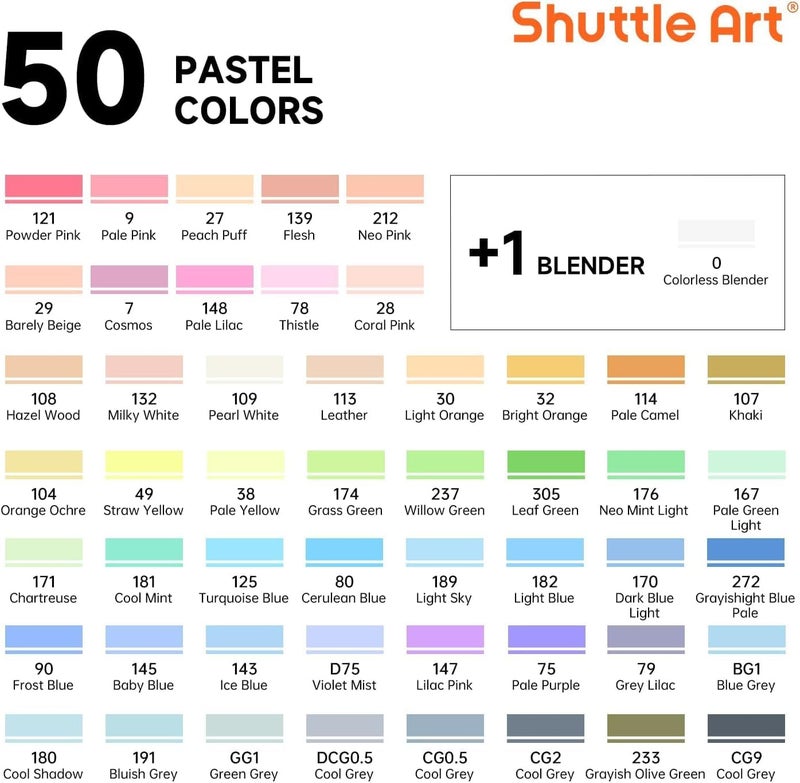 Shuttle Art Pastel Alcohol Markers Brush tip, Dual Tip Brush & Chisel Tip Art Marker Set, 50 Colors plus 1 Blender Marker Pens with Case Perfect for Illustration Students Adults Coloring Sketching - Image 2
