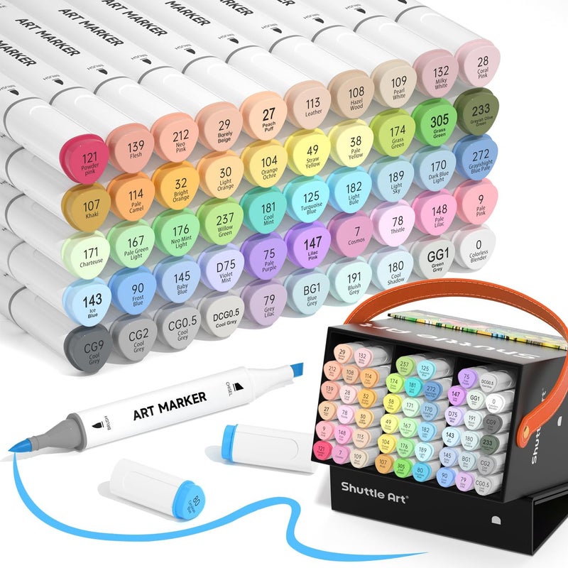 Shuttle Art Pastel Alcohol Markers Brush tip, Dual Tip Brush & Chisel Tip Art Marker Set, 50 Colors plus 1 Blender Marker Pens with Case Perfect for Illustration Students Adults Coloring Sketching - Image 1
