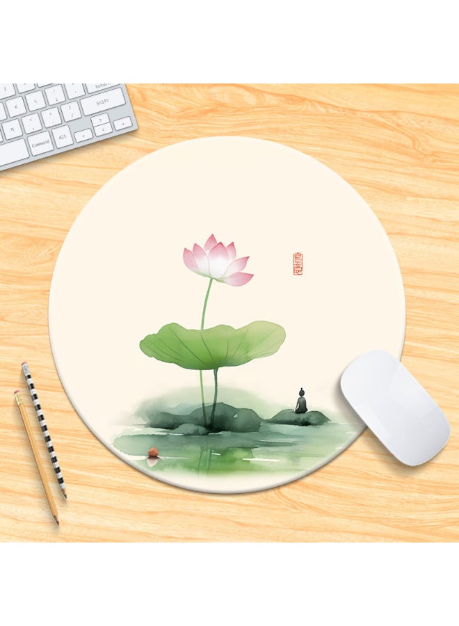 National Tide Lotus Small Size Mouse Pad Chinese Style Brush Painting Office Desk Mat Lock Edge Thickened Round Simple Flower And Bird For Men 