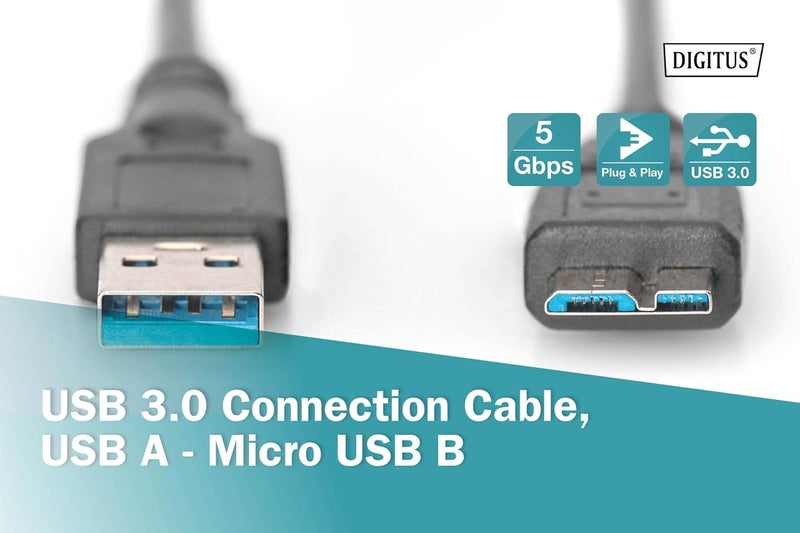 DIGITUS Assmann USB 3.0 Connection Cable USB A - Micro USB B Male/Male 0.25 m USB 3.0 Compliant UL Black - Image 5