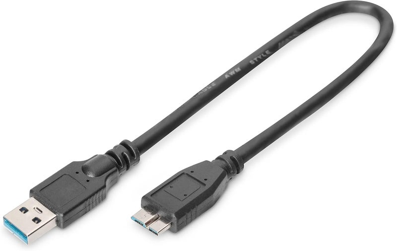 DIGITUS Assmann USB 3.0 Connection Cable USB A - Micro USB B Male/Male 0.25 m USB 3.0 Compliant UL Black - Image 1