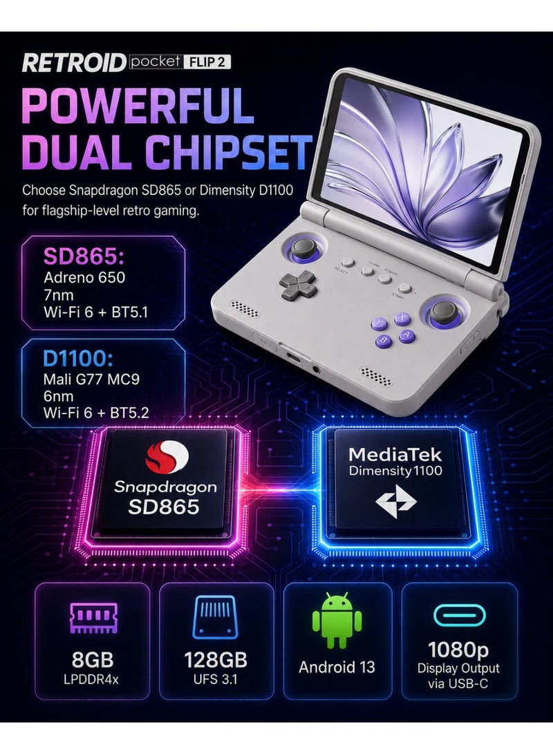 جيب الرجعية جهاز ألعاب Retroid Pocket Flip 2 المحمول، شاشة AMOLED مقاس 5.5 بوصة بدقة 1080 بكسل، معالج Snapdragon 865، عصي تحكم بتقنية Hall Effect، نظام Android 13، بطارية 5000 مللي أمبير، جهاز ألعاب محمول، لون أبيض GC - Image 2