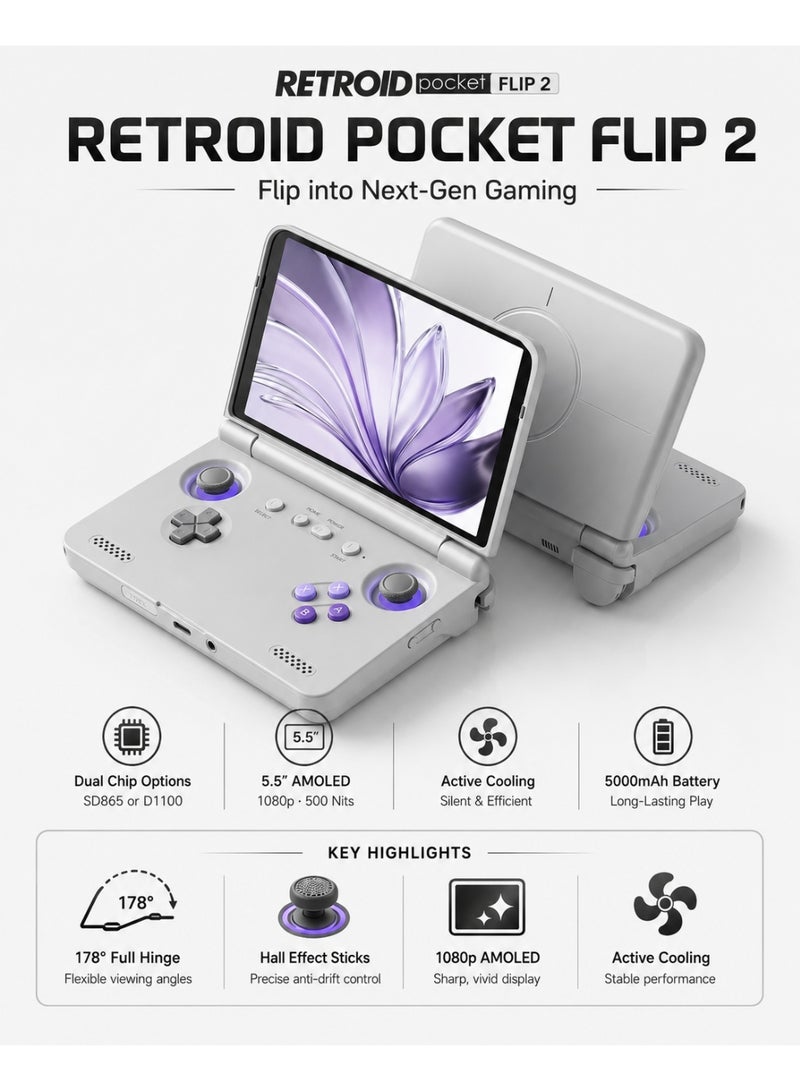 جيب الرجعية جهاز ألعاب Retroid Pocket Flip 2 المحمول، شاشة AMOLED مقاس 5.5 بوصة بدقة 1080 بكسل، معالج Snapdragon 865، عصي تحكم بتقنية Hall Effect، نظام Android 13، بطارية 5000 مللي أمبير، جهاز ألعاب محمول، لون أبيض GC - Image 1