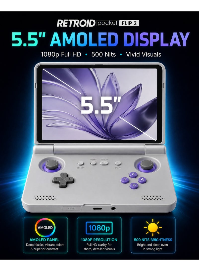 جيب الرجعية جهاز ألعاب Retroid Pocket Flip 2 المحمول، شاشة AMOLED مقاس 5.5 بوصة بدقة 1080 بكسل، معالج Snapdragon 865، عصي تحكم بتقنية Hall Effect، نظام Android 13، بطارية 5000 مللي أمبير، جهاز ألعاب محمول، لون أبيض GC - Image 3