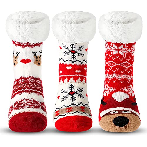 Sintege 3 Pairs Women Christmas Slipper Socks Winter Soft Warm Fuzzy Plush Cozy Fleece Lined Non Slip Christmas Socks Gifts(Cute Style) - Image 1