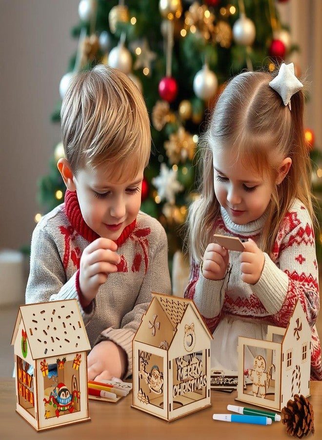 OurWarm 24 PCS DIY Christmas Village Sets with 12 Gingerbread House Kit 12 Colored Pens, Wooden Christmas Village Houses with 6 Styles Christmas Houses Village for Winter Christmas Table Decorations - Image 2