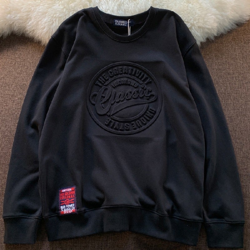 6535 Fish Scale Sweat 2022 Spring and Autumn New Korean Style Three-dimensional Bump Round Neck Sweat Men and Women Couple Top Black - Image 1