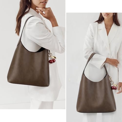 HICARRY Faux Suede Hobo Bags Vegan Leather Shoulder Bag Tote for Women with Cherry Charm Slouchy Designer Handbag Purse Fall Fashion - Image 2