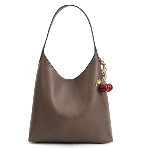 HICARRY Faux Suede Hobo Bags Vegan Leather Shoulder Bag Tote for Women with Cherry Charm Slouchy Designer Handbag Purse Fall Fashion - Image 1