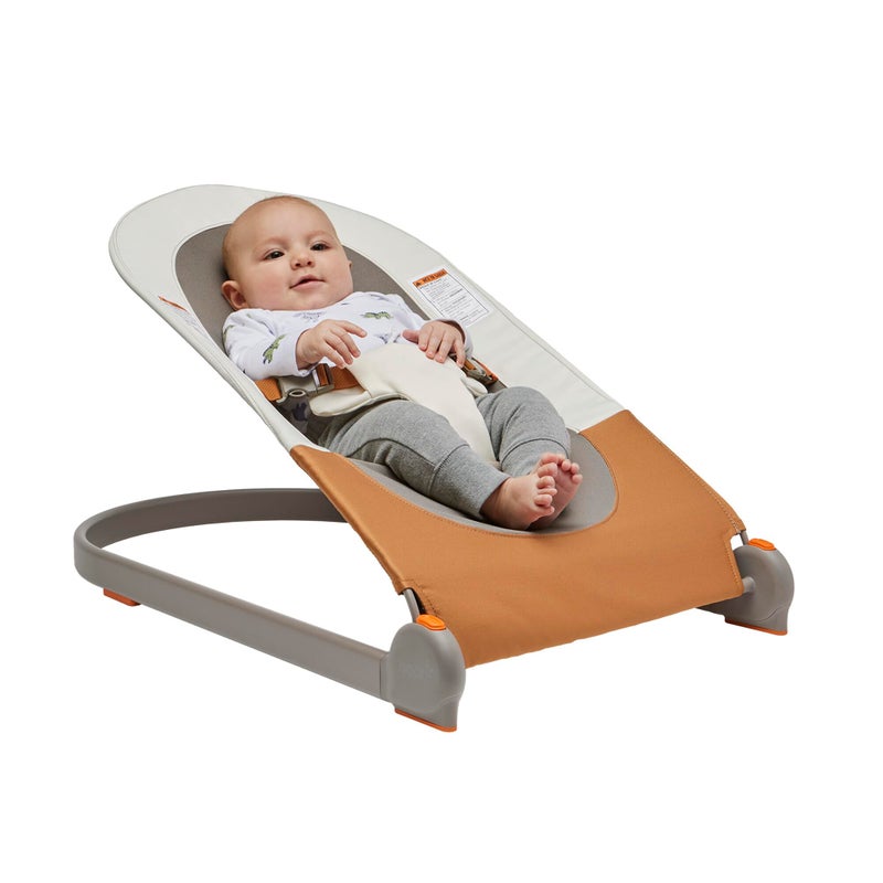 Boon Slant Portable Baby Bouncer Folding Baby Seat for Infants Lightweight Portable Baby Chair with Machine Washable Fabric and 3Point Harness Tan