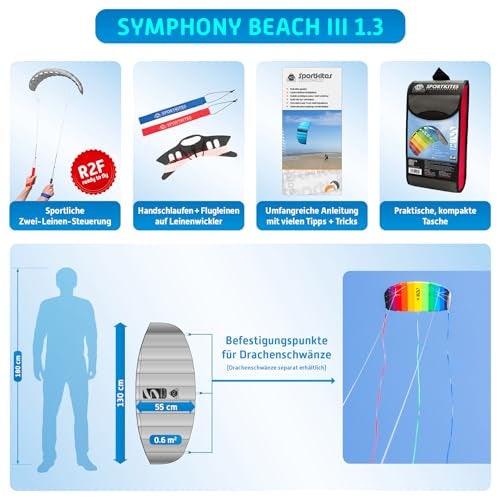 HQ Kites Symphony Beach III 1.3 Stunt Kite 51 Inch Dual - Line Sport Kite, Color: Rainbow - Active Outdoor Fun for Ages 8 and Up - Image 5