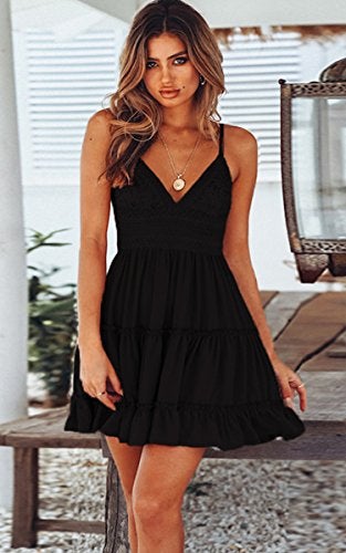 ECOWISH Summer Dresses for Women 2025 V-Neck Spaghetti Strap Bowknot Backless Sleeveless Lace Mini Swing Skater Dress Black Medium - Image 3