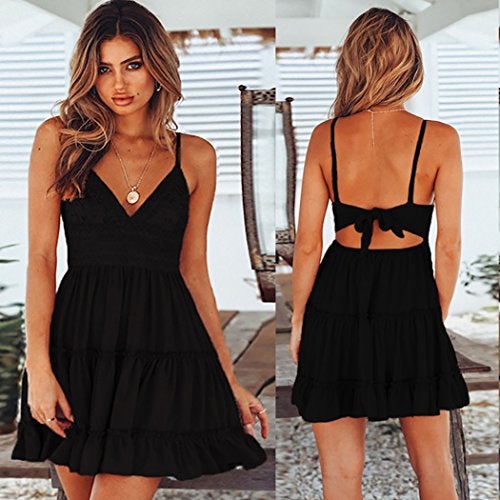 ECOWISH Summer Dresses for Women 2025 V-Neck Spaghetti Strap Bowknot Backless Sleeveless Lace Mini Swing Skater Dress Black Medium - Image 2