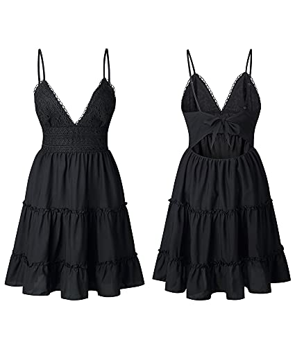 ECOWISH Summer Dresses for Women 2025 V-Neck Spaghetti Strap Bowknot Backless Sleeveless Lace Mini Swing Skater Dress Black Medium - Image 5