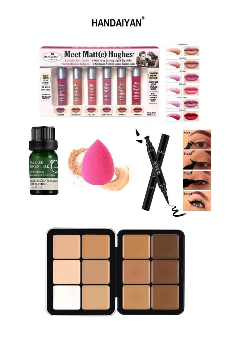 هاندايان مجموعة أساسيات مكياج الوجه : اسفنجة + سيروم ترطيب الوجه+ كحل +باليت ;كونتور كريمي +مجموعة أرواج  - Image 1