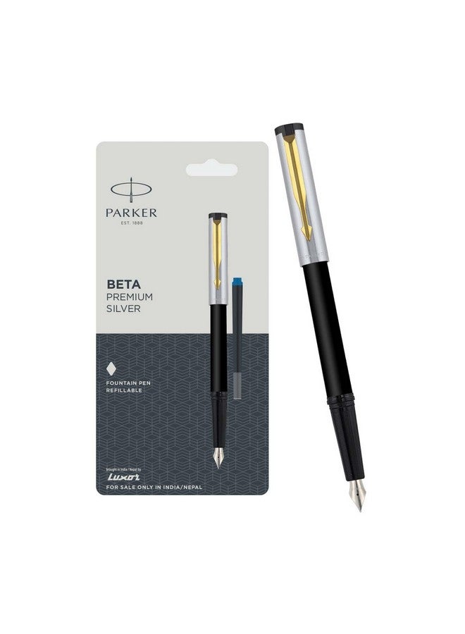 PARKER Parker Beta Premium Chrome Trim Fountain Pen | Gold Finish Cap With 1 Ink Cartridge | Ink Color - Blue | Best For Employees | Unique Gifts For Entrepreneurs  - Image 1