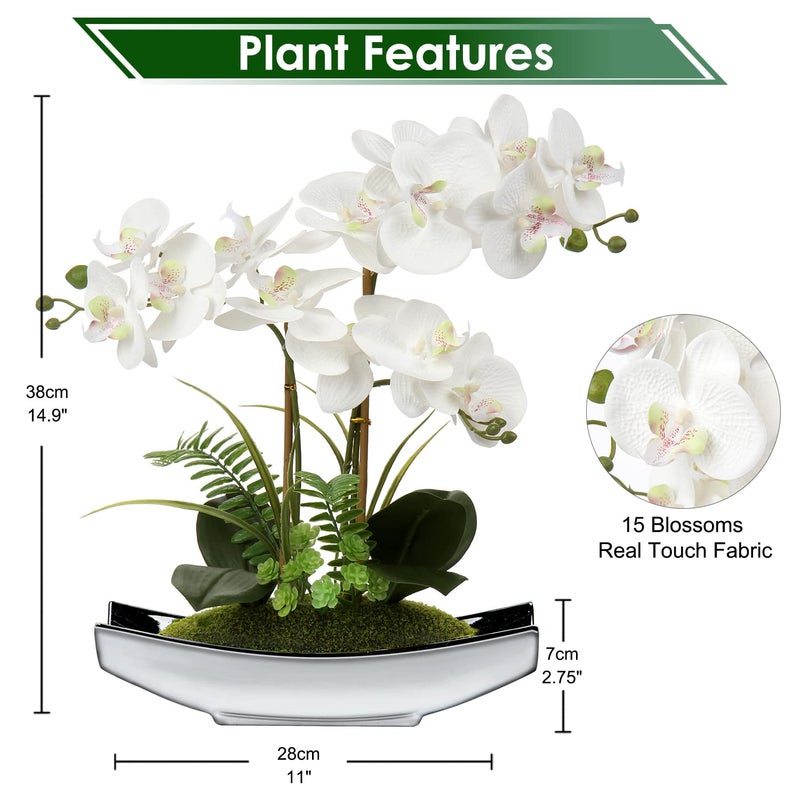 Briful Orchids Artificial Flowers 15" White Phalaenopsis Orchid with Silver Pots Real Touch Faux Orchid Plant for Home Office Living Room Table Decoration - Image 2