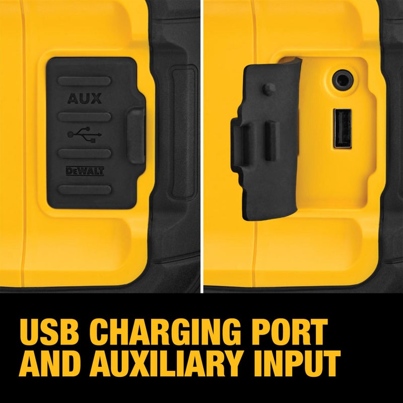 DEWALT 20V MAX Bluetooth Speaker, 100 ft Range, Durable for Jobsites, Phone Holder Included, Lasts 8-10 Hours with Single Charge (DCR010) - Image 5