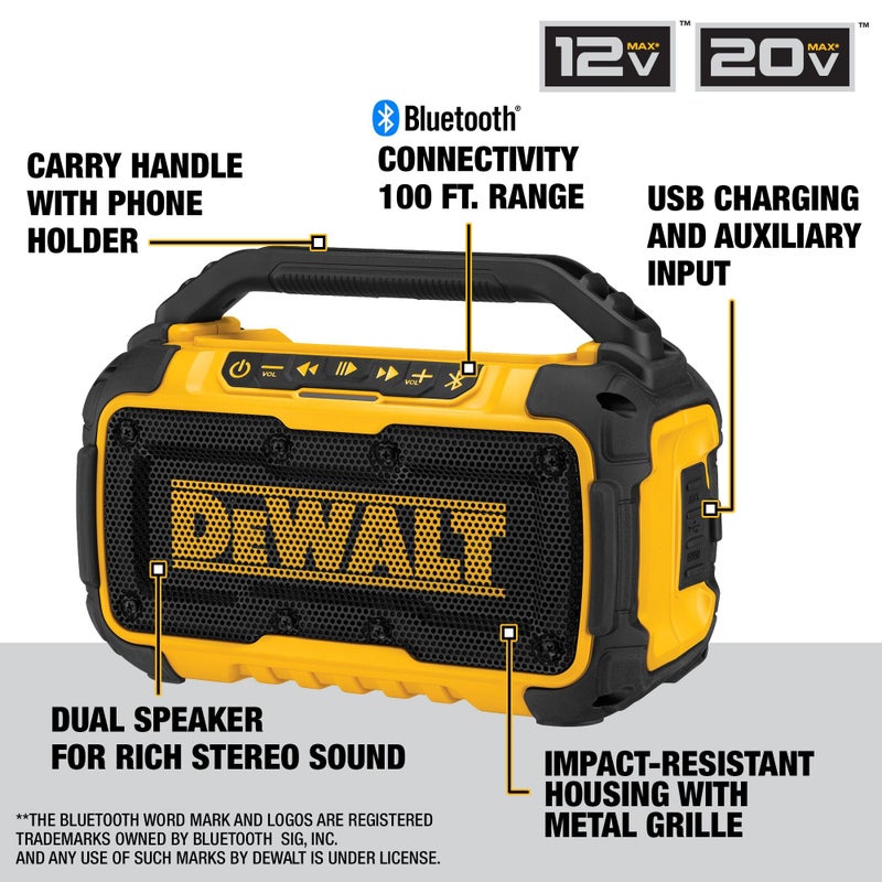DEWALT 20V MAX Bluetooth Speaker, 100 ft Range, Durable for Jobsites, Phone Holder Included, Lasts 8-10 Hours with Single Charge (DCR010) - Image 3