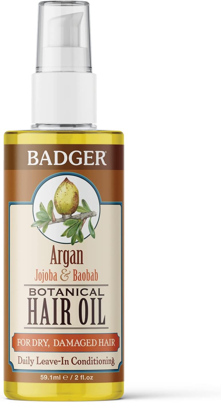 Badger Organic Argan Hair Oil, Restore a Healthy Shine to Dry Brittle Hair, Organic Moroccan Argan Oil Hair Moisturizer/Hair Serum, 2 fl oz Glass Bottle