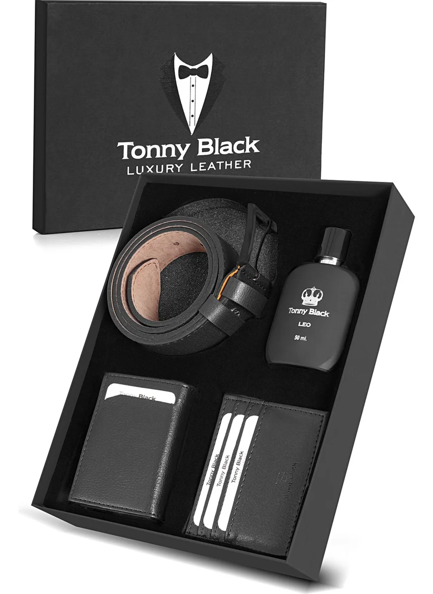 tonny black Original Men's Special Gift Boxed Set of 4 Luxury Series Gift Accessory Box Dowry Wedding Groom Set for Father Classic Stylish Leather Belt Mechanism Rfid Wallet and Card Holder Set