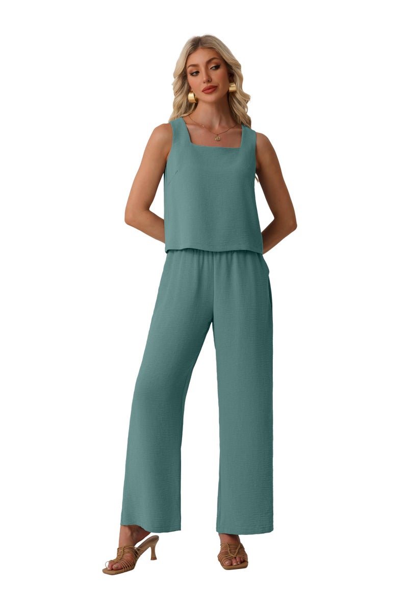Lepunuo 2 Piece Sets for Women Summer Square Neck Sleeveless Crop Top Wide Leg Pants Matching Beach Vacation Sets - Image 4