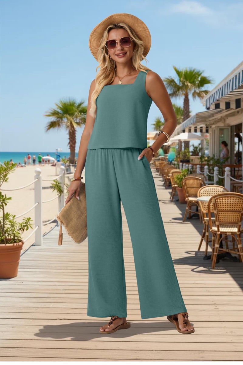 Lepunuo 2 Piece Sets for Women Summer Square Neck Sleeveless Crop Top Wide Leg Pants Matching Beach Vacation Sets - Image 2