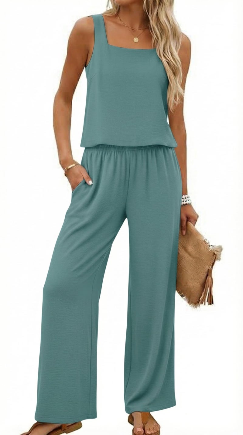 Lepunuo 2 Piece Sets for Women Summer Square Neck Sleeveless Crop Top Wide Leg Pants Matching Beach Vacation Sets - Image 1