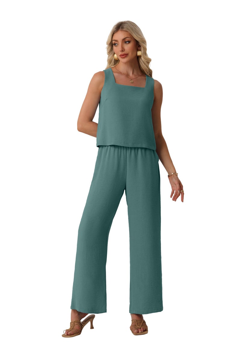 Lepunuo 2 Piece Sets for Women Summer Square Neck Sleeveless Crop Top Wide Leg Pants Matching Beach Vacation Sets - Image 5