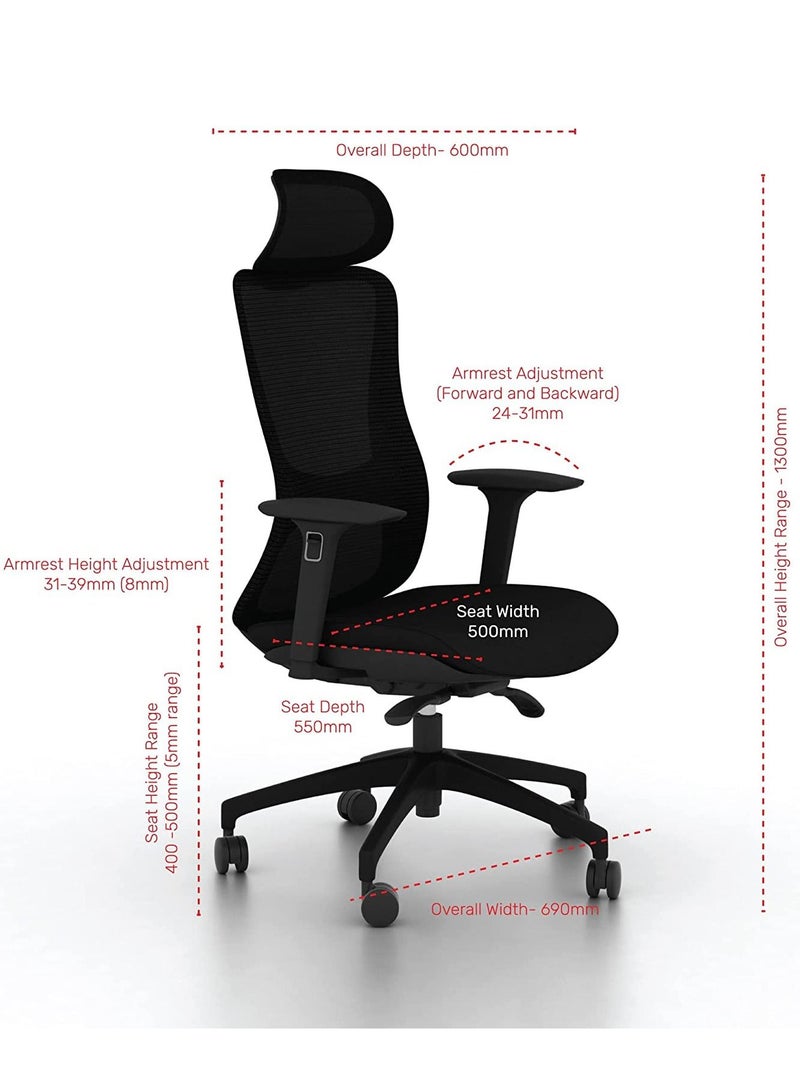 BAFCO Yoto High Back Ergonomic Office Executive Adjustable Height Comfort Mesh Wide Seat Chair Home Working Study Chair (Dark Black) - Image 3