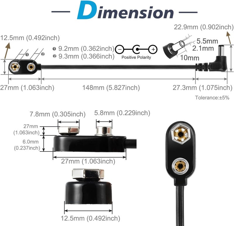 CHANZON UL Wires 9v Battery Power Supply Clip with 2.1mm x 5.5mm Right Angle Male DC Connector Plug Adapter I-Type Plastic Holder 5pcs kit for Arduino LED Strip - Image 2