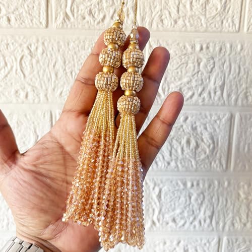 Adikala Craft Store Handmade Ethnic Cutdana Latkan Tassel Set of 2 for Saree Pallu, Blouse, Suits, Dupatta, Lehenga Decor, DIY Art & Crafts (Golden D3) - Image 1