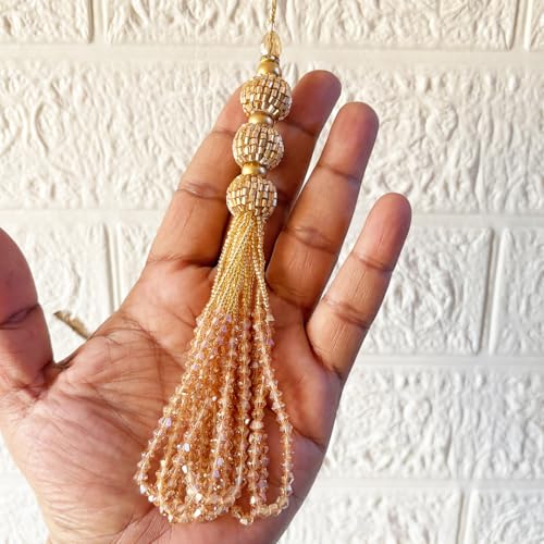 Adikala Craft Store Handmade Ethnic Cutdana Latkan Tassel Set of 2 for Saree Pallu, Blouse, Suits, Dupatta, Lehenga Decor, DIY Art & Crafts (Golden D3) - Image 3