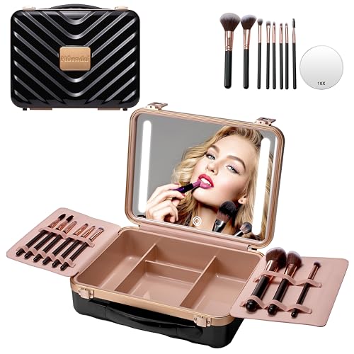 Mocado Travel Makeup Case with Lighted Mirror, Makeup Box with 8 Makeup Brushes and 10x Magnifying Mirror,Cosmetic Case Adjustable Brightness Makeup Train Case with Makeup Brushes Divider(Black) - Image 1