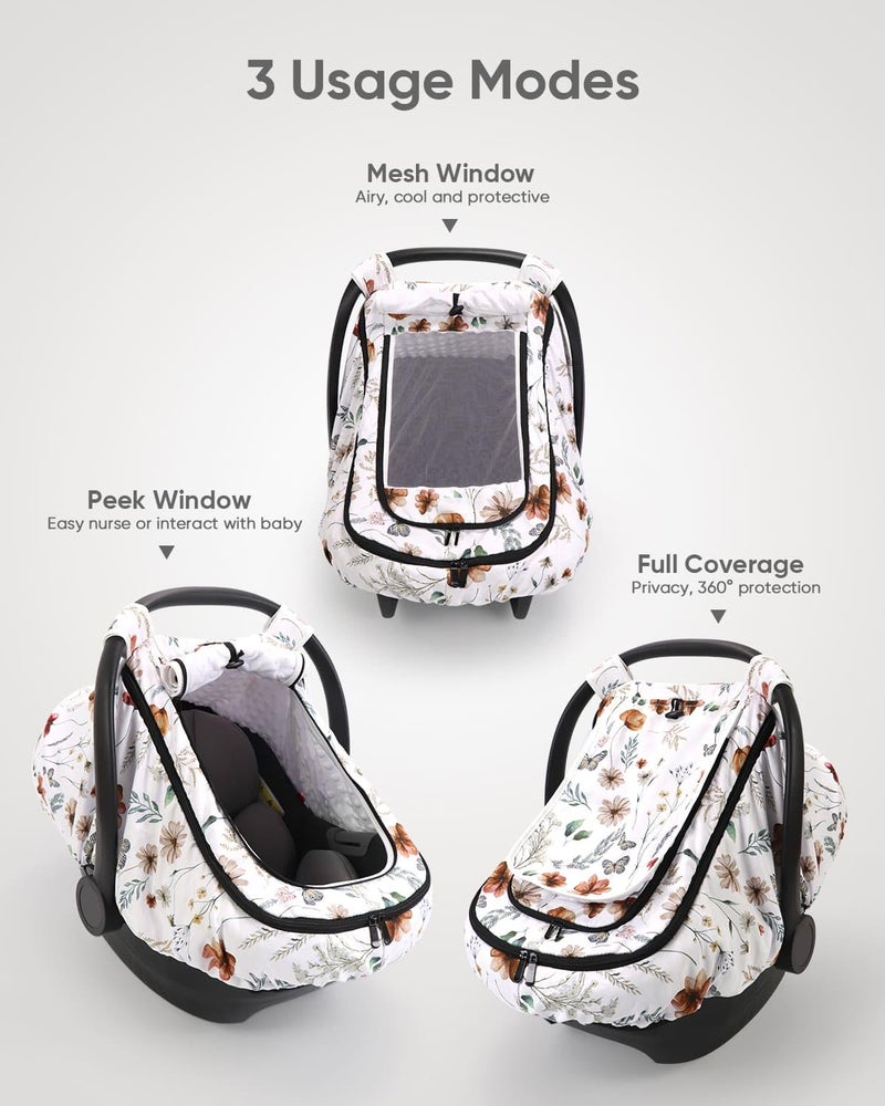Sweetwavet Car Seat Cover Baby Girls, Infant Car Seat Canopy Outdoor, 2 Layers with Mesh and Sun Shade Window for Summer Winter, Easy Access Carseat Covers Snug Fit Baby Stroller - Brown Wildflower - Image 2