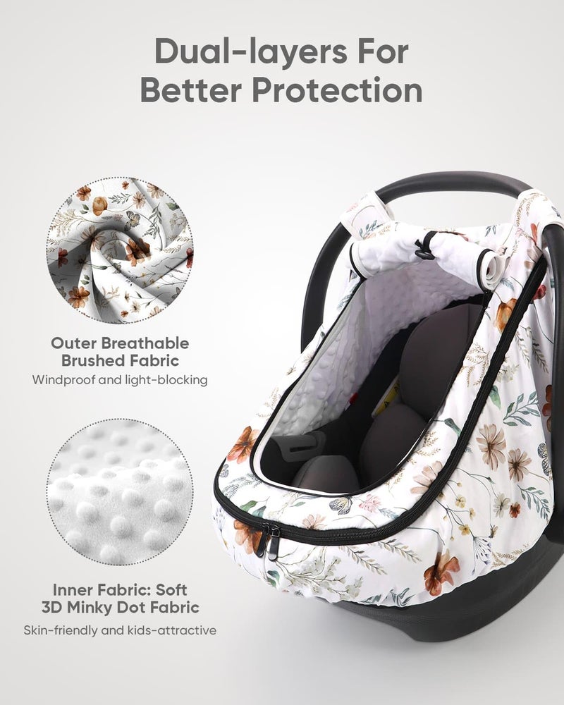 Sweetwavet Car Seat Cover Baby Girls, Infant Car Seat Canopy Outdoor, 2 Layers with Mesh and Sun Shade Window for Summer Winter, Easy Access Carseat Covers Snug Fit Baby Stroller - Brown Wildflower - Image 3