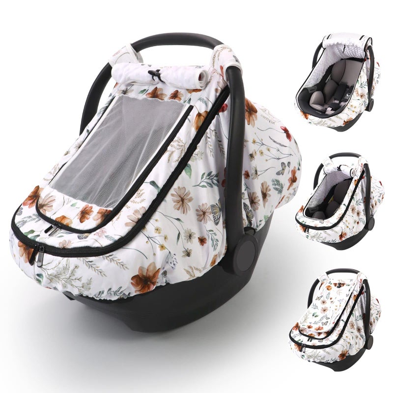 Sweetwavet Car Seat Cover Baby Girls, Infant Car Seat Canopy Outdoor, 2 Layers with Mesh and Sun Shade Window for Summer Winter, Easy Access Carseat Covers Snug Fit Baby Stroller - Brown Wildflower - Image 1