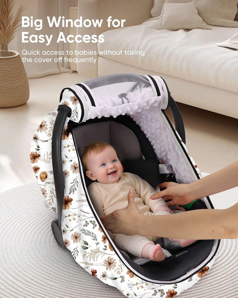 Sweetwavet Car Seat Cover Baby Girls, Infant Car Seat Canopy Outdoor, 2 Layers with Mesh and Sun Shade Window for Summer Winter, Easy Access Carseat Covers Snug Fit Baby Stroller - Brown Wildflower - Image 4