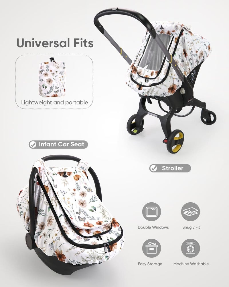 Sweetwavet Car Seat Cover Baby Girls, Infant Car Seat Canopy Outdoor, 2 Layers with Mesh and Sun Shade Window for Summer Winter, Easy Access Carseat Covers Snug Fit Baby Stroller - Brown Wildflower - Image 5