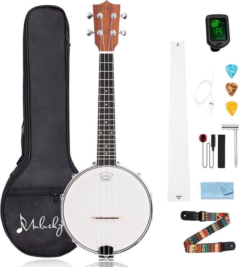 Mulucky 4-String Banjo Ukulele | Banjolele 23" Sapele Wood with Remo Head & Nylon Strings | Dark Brown Travel Kit (Bag, Tuner, Picks) - BU806 - Image 1
