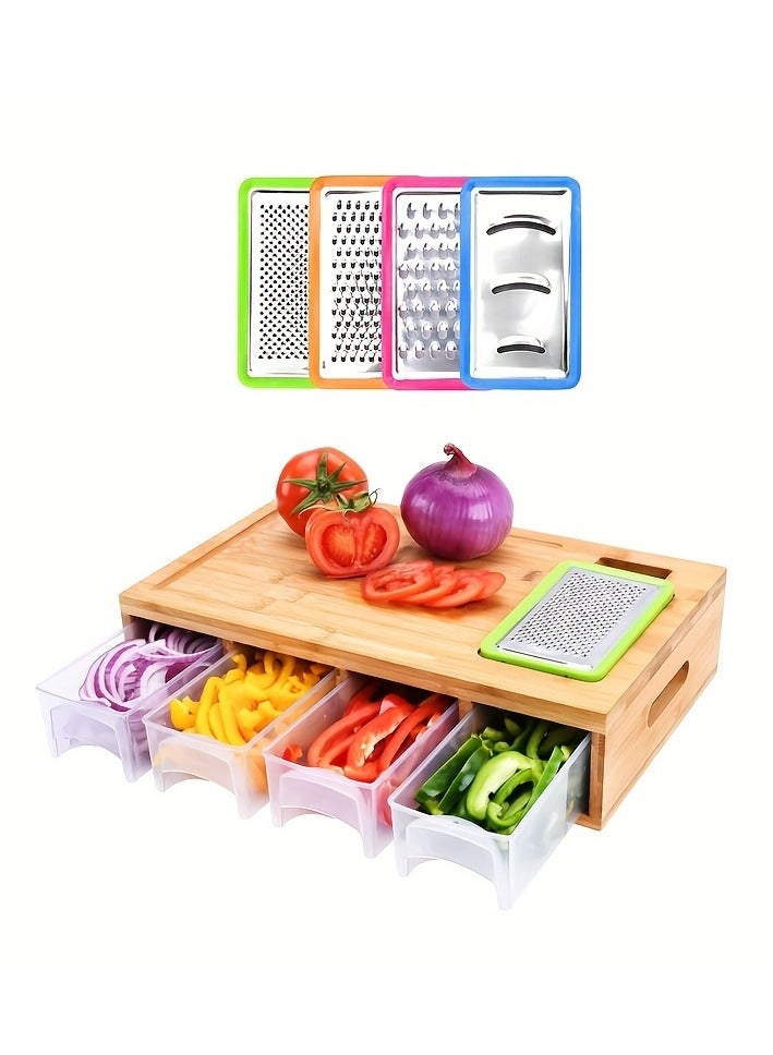 XiuWoo Bamboo cutting board, including 4 shredders, 4 covered trays, container and vegetable peeler set, kitchen bamboo cutting board, cutting board with built-in shredder - Image 1