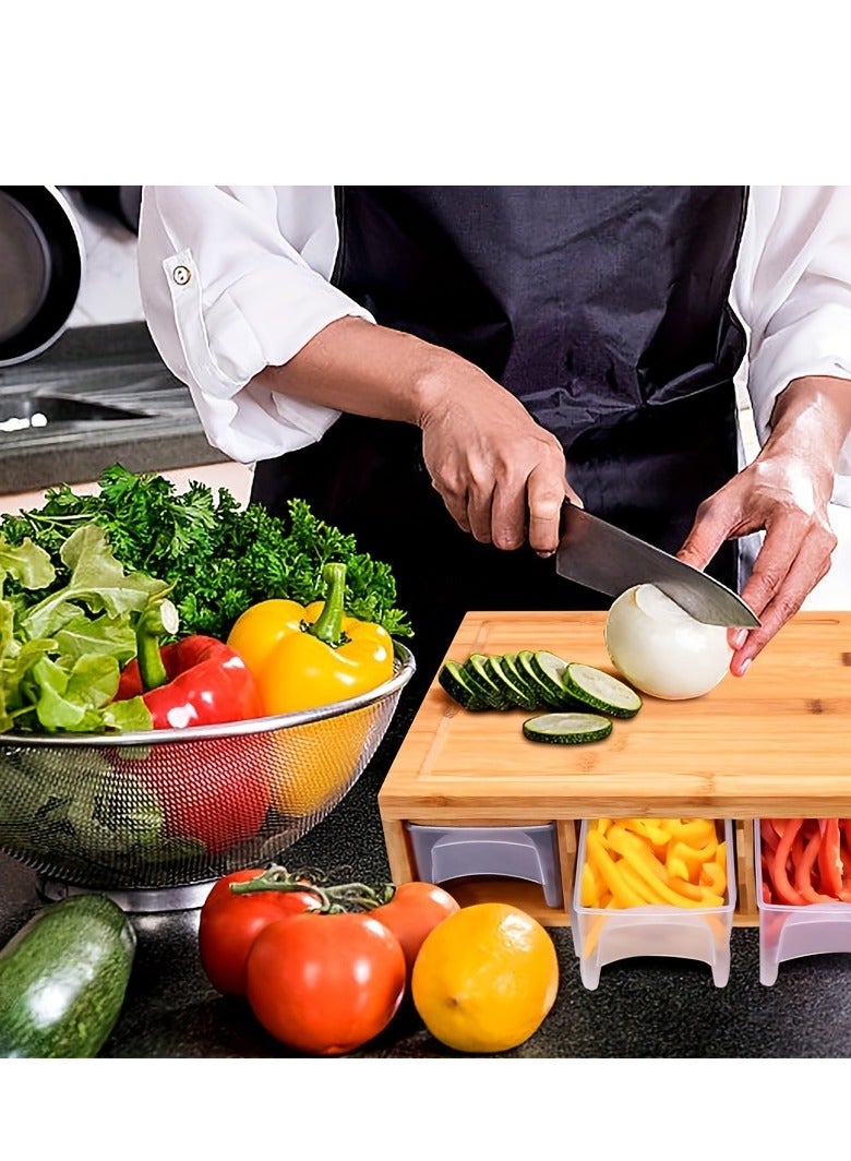 XiuWoo Bamboo cutting board, including 4 shredders, 4 covered trays, container and vegetable peeler set, kitchen bamboo cutting board, cutting board with built-in shredder - Image 2