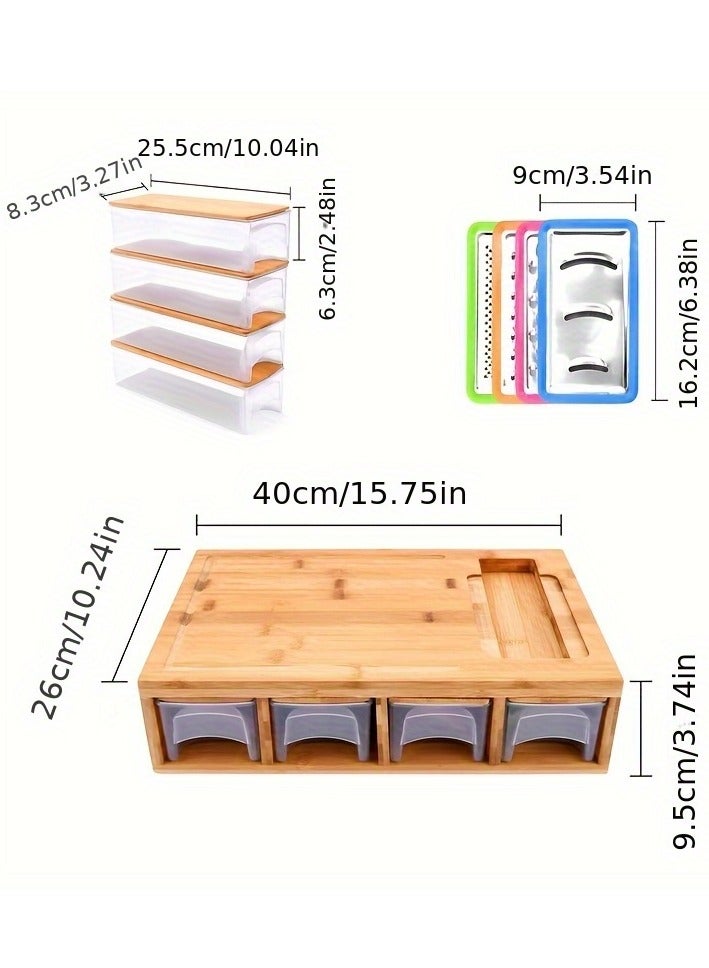 XiuWoo Bamboo cutting board, including 4 shredders, 4 covered trays, container and vegetable peeler set, kitchen bamboo cutting board, cutting board with built-in shredder - Image 3