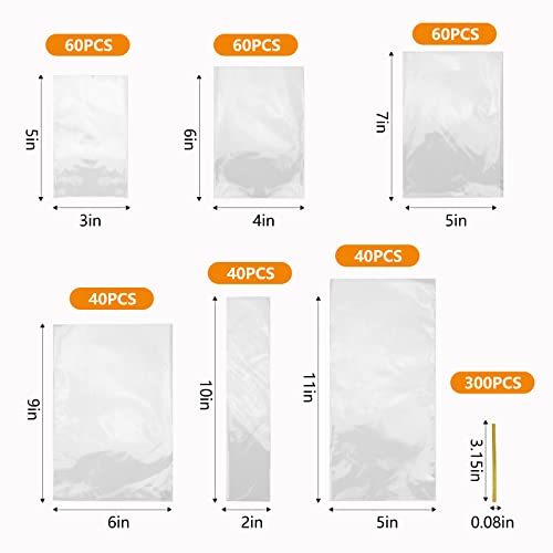 NEOACT 300 PCS Clear Flat Cellophane Treat Bags with 3x5",4x6",5x7",6x9",2x10",5x11",Treat Bags with Ties are Good for Pretzel Rods,Bakery, Cookies, Candies,Dessert. - Image 2