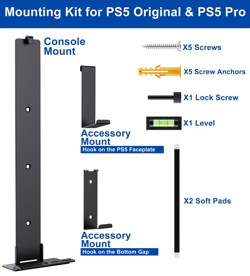 ALIENERGY PS5 Wall Mount for PlayStation 5 Console - Sleek Hidden Design for Mounting Near or Behind TV, 2 Controller & Headset Holders Included (PS5 Original/PS5 Pro) - Image 3