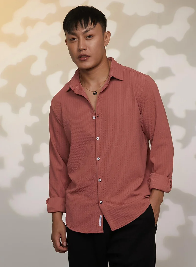 Campus Sutra Men's Coral Pink Stripe-Creased Shirt