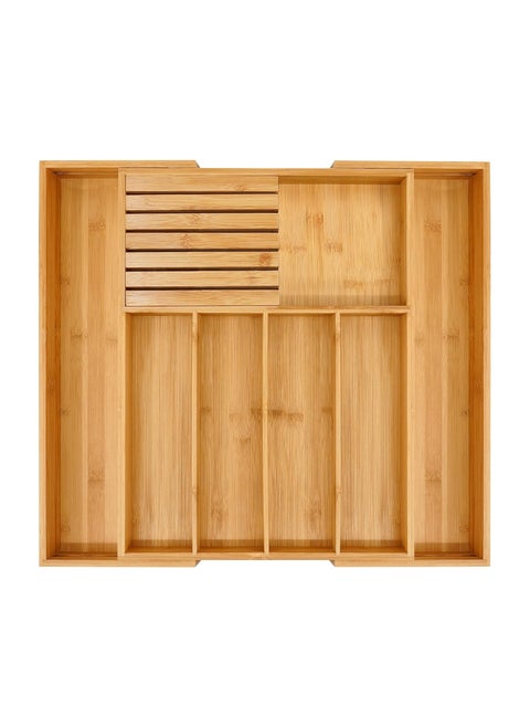 Bamboo Silverware Drawer Organizer Kitchen, Expandable Utensil Holder and Cutlery Tray with Divider, Flatware Storage and Removable Knife Block